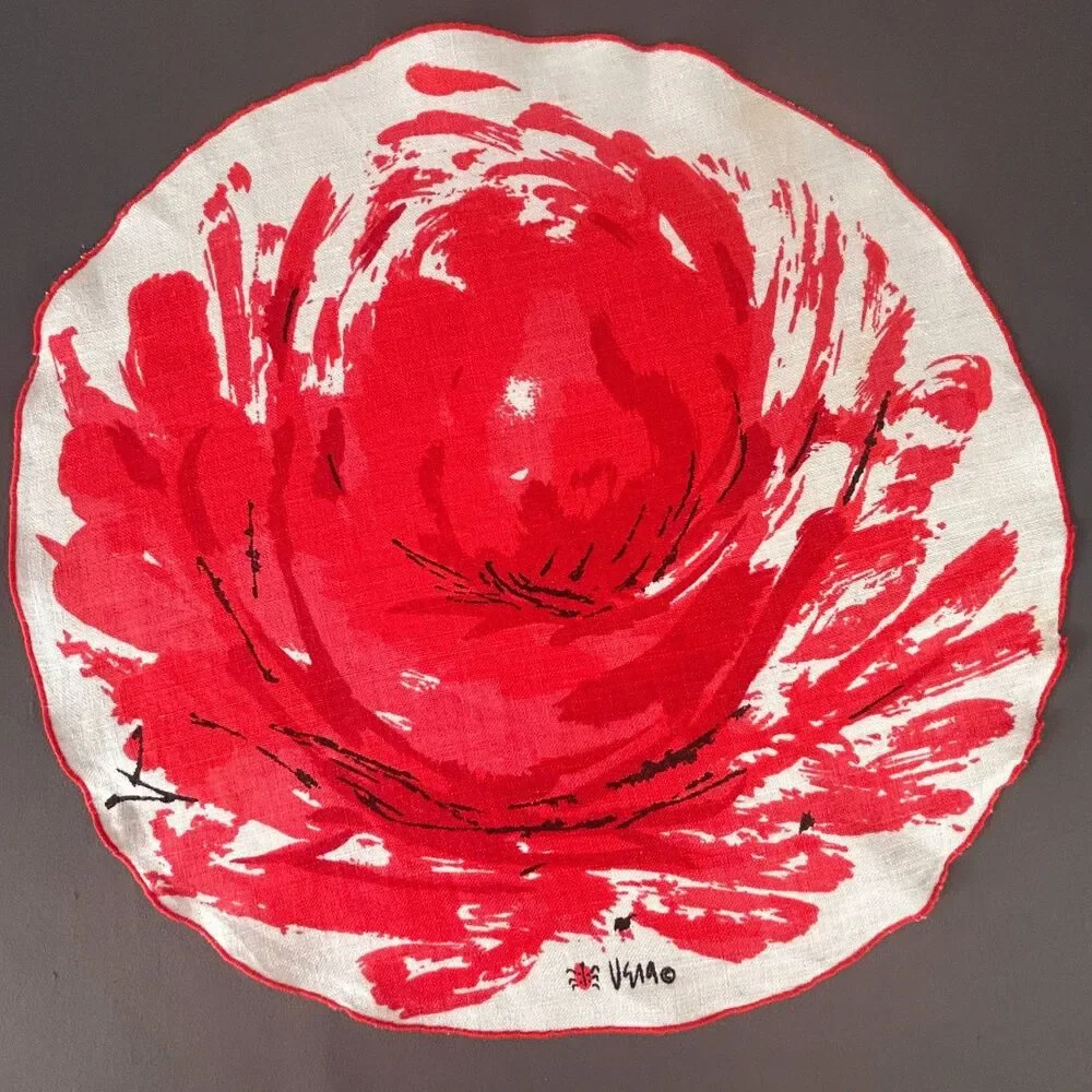 Vintage Vera Neumann Large Red Flower Linen Round Placemat Set of 4